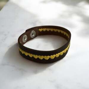 Paparazzi Made With Love Yellow Embroidered Heart Dark Brown Leather Cuff Bracel